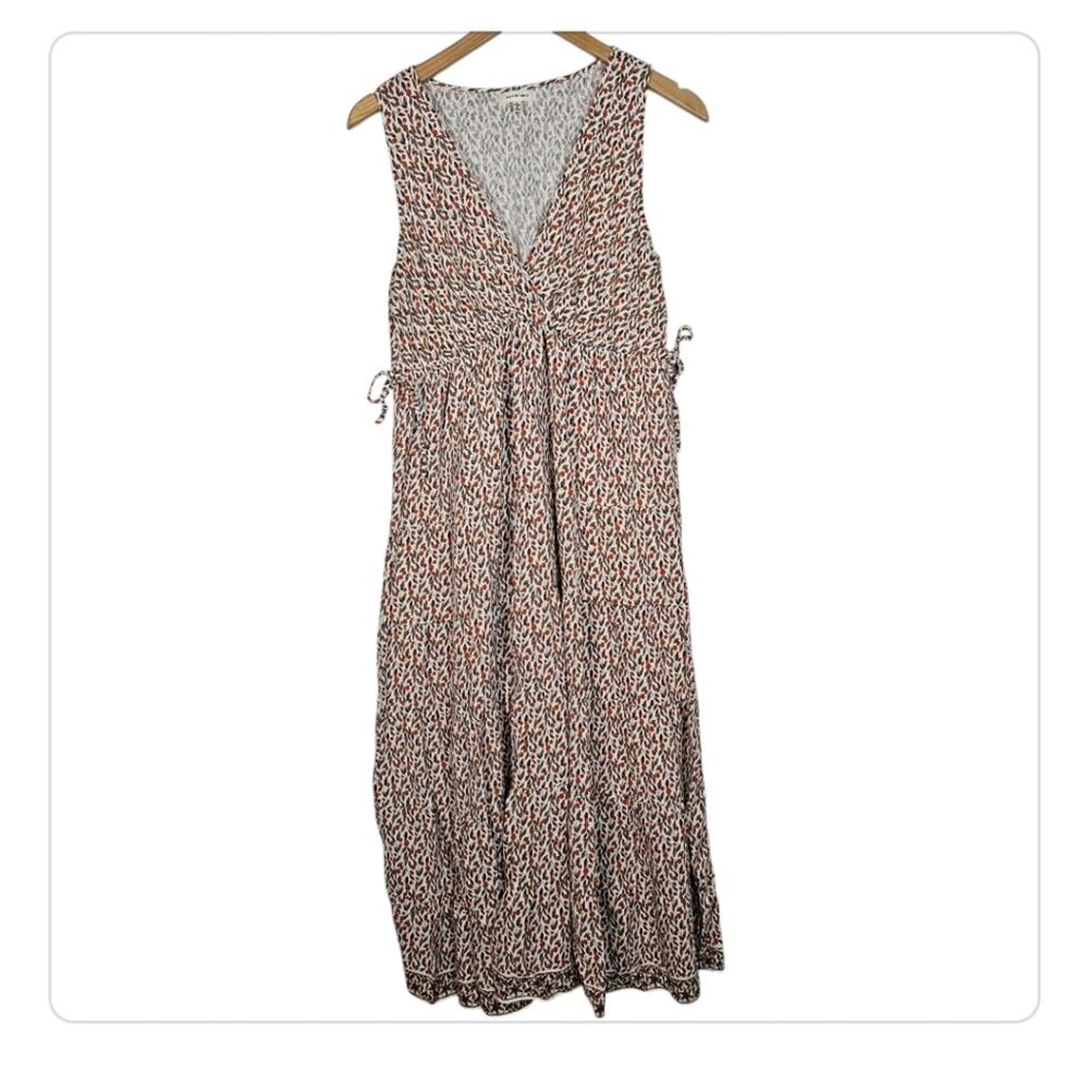 Max Studio Brown White Autumn Floral Leaf Midi Dress V-Neck Surplice L